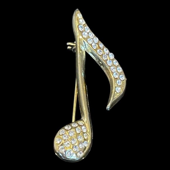 Vintage Brooch Pin Gold Tone Music Note With Clear Rhinestones Musical Kitsch - Picture 1 of 5